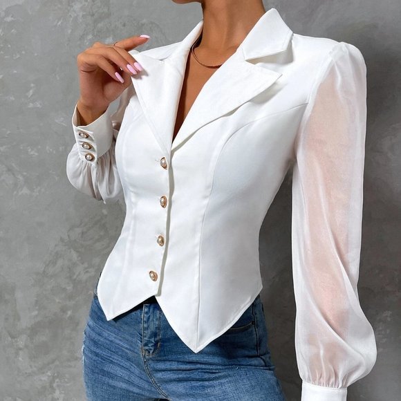 White Preppy Womens Solid Contrast Mesh Asymmetrical Hem Blazer - Picture 4 of 5